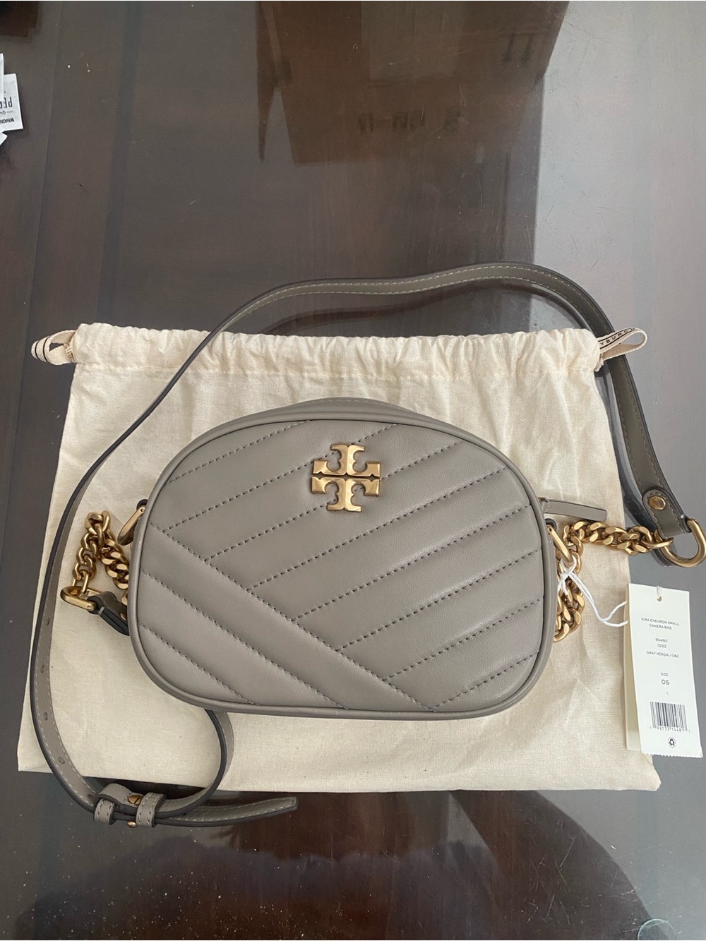 Tory Burch Grey Quilted Leather Crossbody with Gold Logo